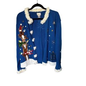 Berek Womens M Blue Ugly Christmas Cardigan Stacked Reindeer Pom Pom